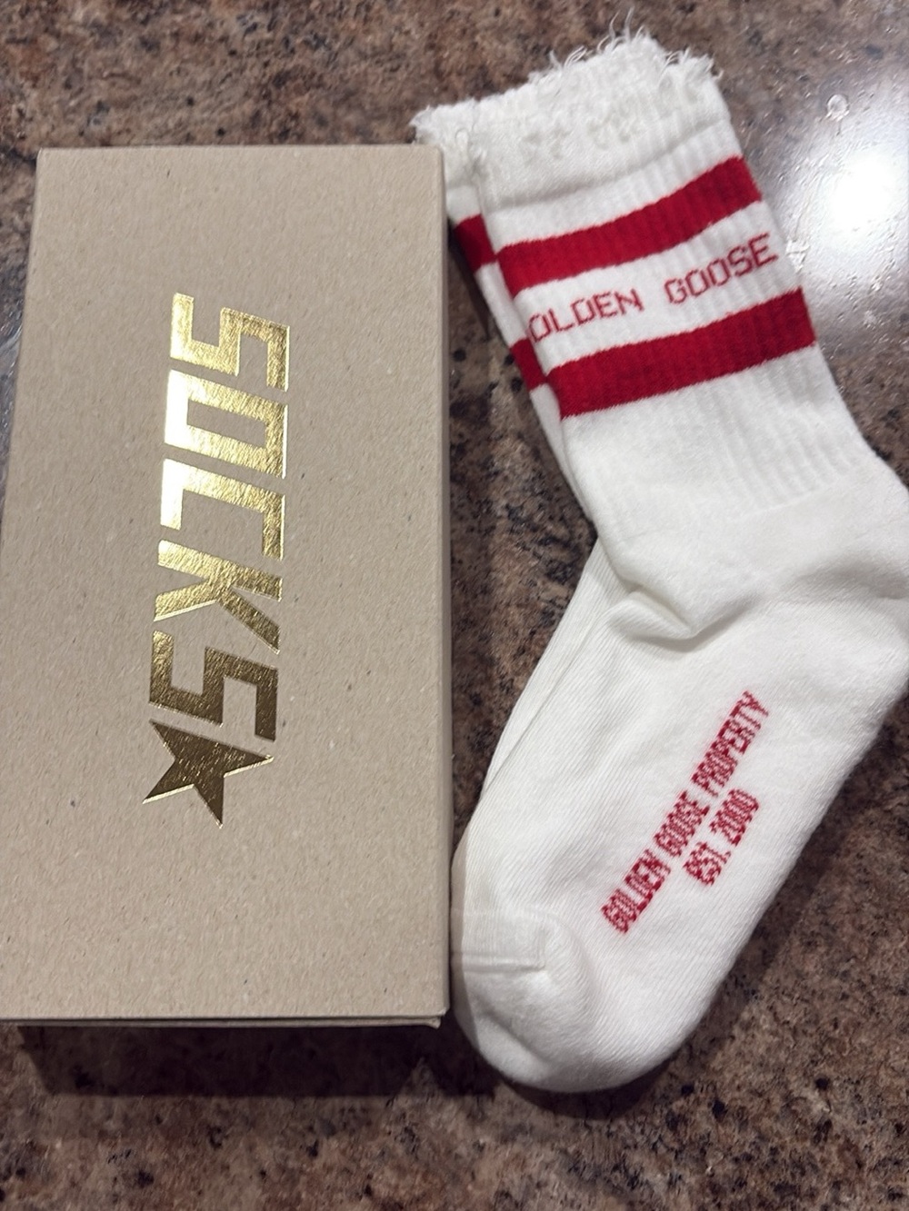 BRAND NEW!! Golden Goose White Red Striped Distressed Detail Crew 🧦 Sz small ❤️